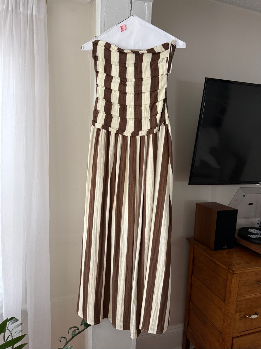 Brown Cream Striped Strapless Maxi Dress Ruched Bodice Size XS